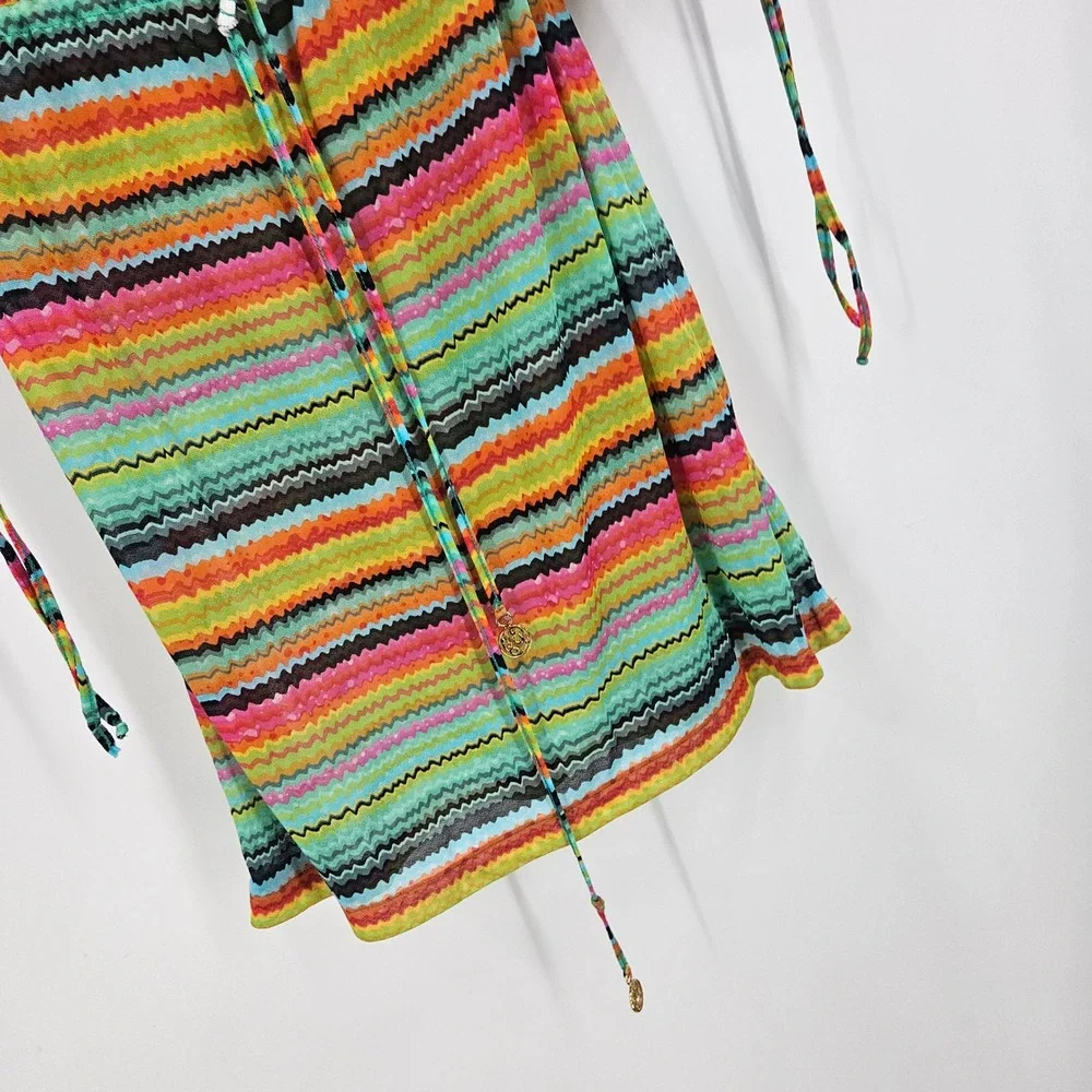 Luli Fama Coverup Dress Multicolor Mesh Sheer Striped Chevron V-neck Tunic Sz S